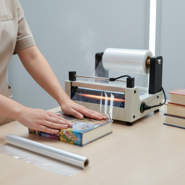 Delikatne owijanie książki folią – profesjonalna praca manualna.