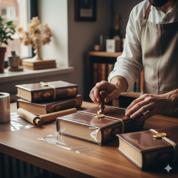 Zespół przygotowujący książki do wysyłki – proces pakowania w celofan.