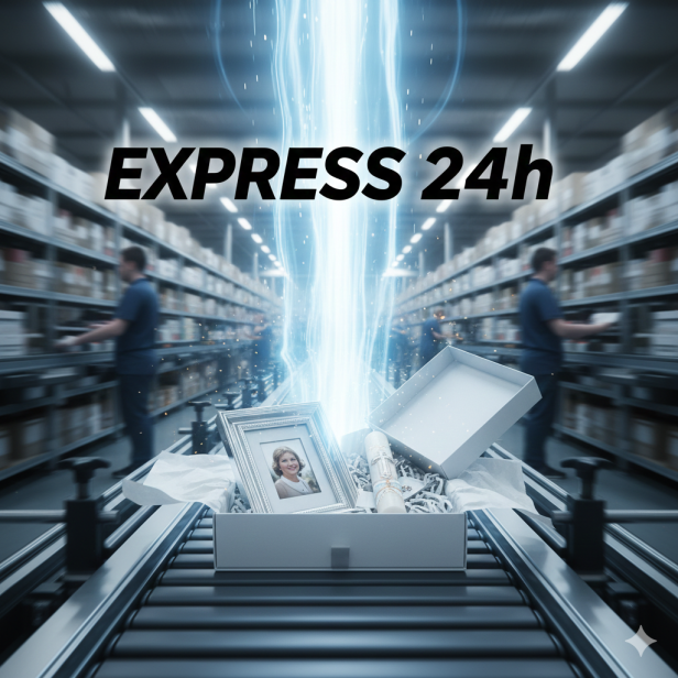 Hala magazynowa z szybką linią wysyłkową – symbol priorytetu 24h.