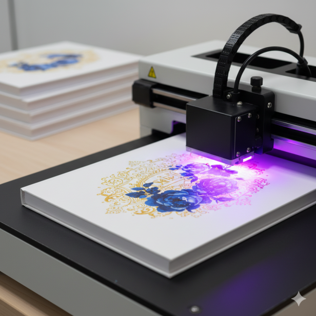 Maszyna Ink-Jet podczas nanoszenia nadruku na produkty.