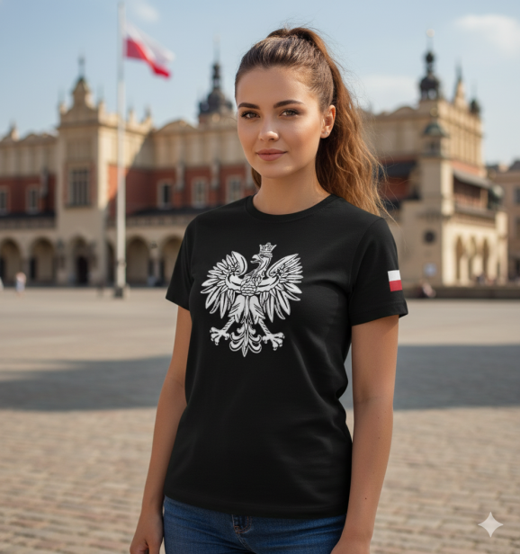 Koszulka Orzeł Polski czarna – modelka w koszulce patriotycznej SacrumStyle