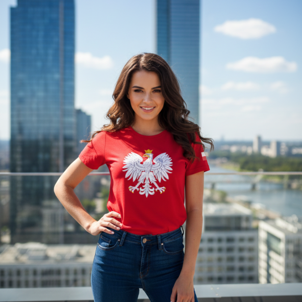 Koszulka patriotyczna Orzeł Polski czerwona – modelka SacrumStyle