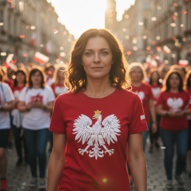 Czerwona koszulka Orzeł Polski – model damski w stylizacji patriotycznej