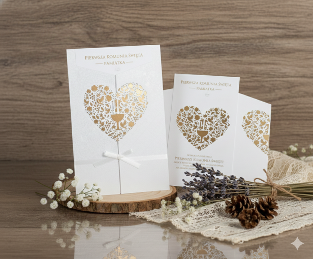 Detale folii i tłoczeń na kartce komunijnej Passion Moments