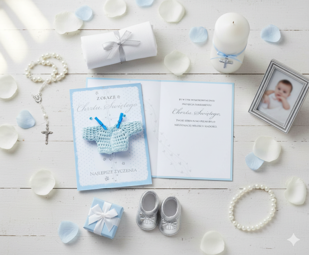 Karnet ROYAL BLUE na Chrzest Święty dla chłopca – kartka z kopertą