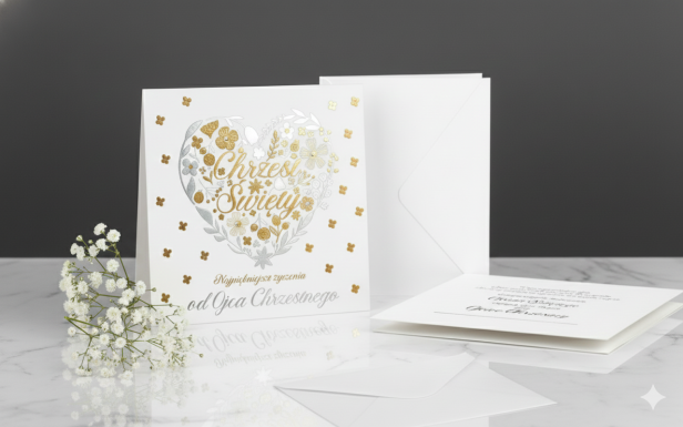 Laurka na Chrzest PREMIUM w eleganckiej aranżacji – kartka od Ojca Chrzestnego