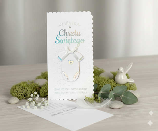 Karnet na Chrzest Święty 11×21 cm – elegancka kartka z uszlachetnieniem