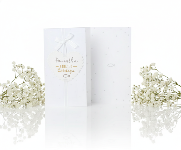 Karnet SERCE BIAŁE – laurka na Chrzest Święty z kokardką (11 × 21 cm)