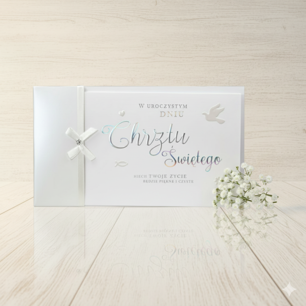 Aranżacja Karnet ANIELSKA BIEL XL – elegancka laurka na Chrzest Święty | PREMIUM Primus