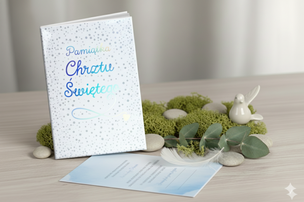 Książeczka pamiątkowa na Chrzest Święty – życzenia, modlitwa, metryczka i hologram w aranżacji