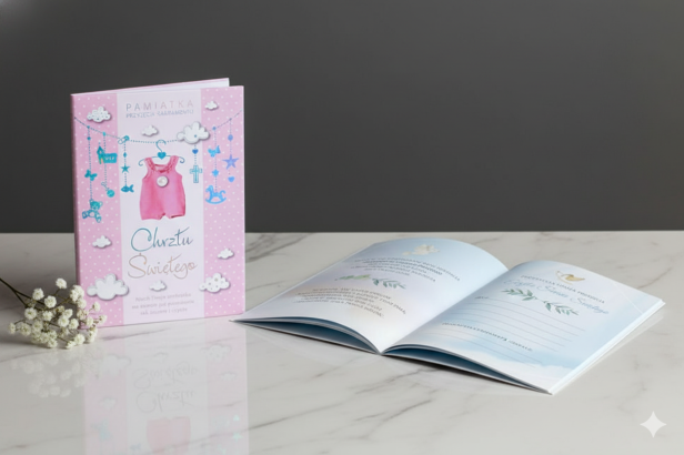 Aranżacja produktowa – różowa książeczka pamiątkowa do Chrztu