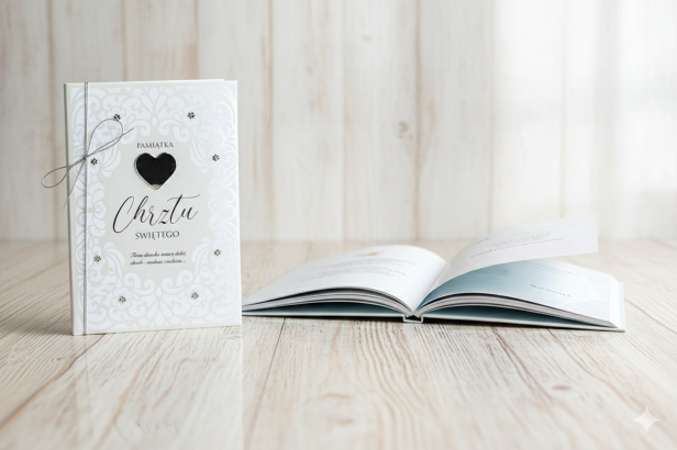 Kremowa książeczka pamiątkowa na Chrzest Święty z serduszkiem – okładka