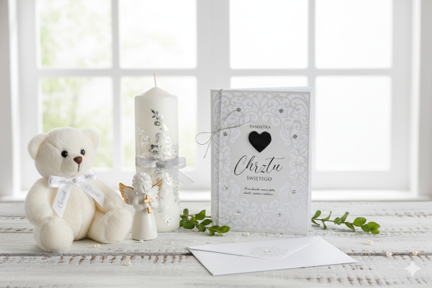 Aranzacja Kremowa książeczka pamiątkowa na Chrzest Święty z serduszkiem – życzenia, modlitwa, metryczka