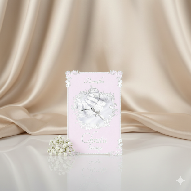 Elegancka aranżacja Karnet ROYAL PINK na Chrzest Święty – elegancka kartka dla dziewczynki B6