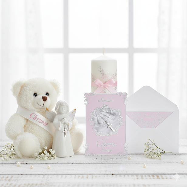 Aranżacja dziecięca Karnet ROYAL PINK na Chrzest Święty – elegancka kartka dla dziewczynki B6