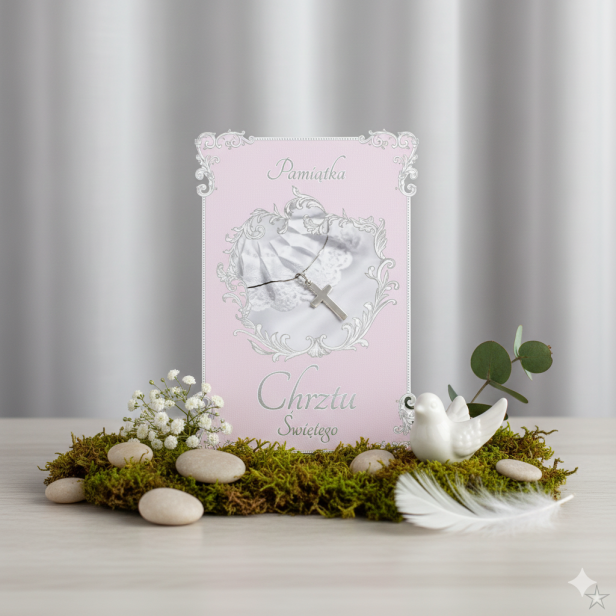 W naturze aranżacja Karnet ROYAL PINK na Chrzest Święty – elegancka kartka dla dziewczynki B6