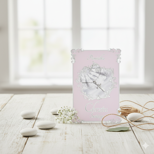 Karnet ROYAL PINK na Chrzest Święty – elegancka kartka dla dziewczynki B6 w aranżacji