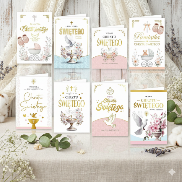 Karnet na Chrzest Święty B6 – elegancka kartka z życzeniami w aranżacji