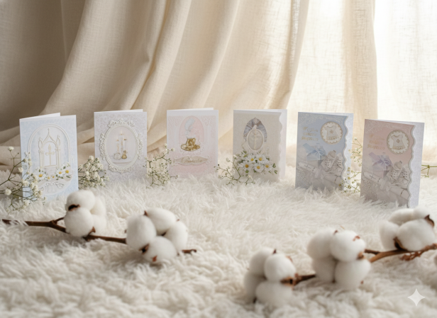 Karnet B6 na Chrzest Święty – elegancka kartka z uszlachetnieniem - - aranżacja jasna