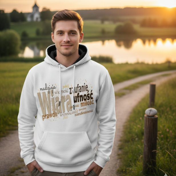 Na modelu – bluza „Wiara” w naturalnej scenerii, ujęcie lifestyle.