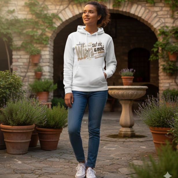 Na modelce – bluza religijna „Wiara” w codziennym otoczeniu.