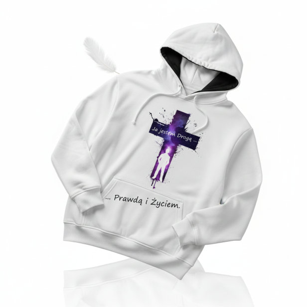 Zdjęcie główne – bluza religijna „Ja jestem Drogą”, białe tło, pełny widok.
