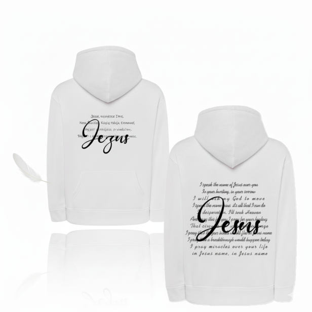 Zdjęcie główne – bluza religijna „Jezus”, biała, pełny widok tyłu.
