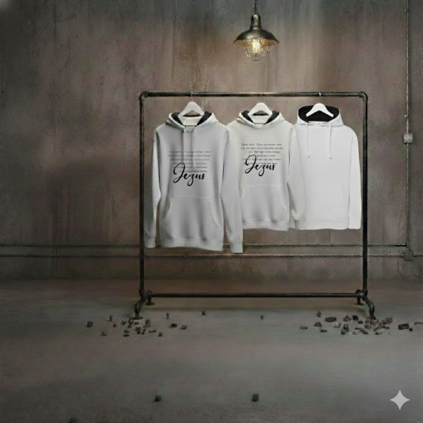 Aranżacja 1 – bluza z dużym kaligraficznym napisem Jesus, detal typograficzny.