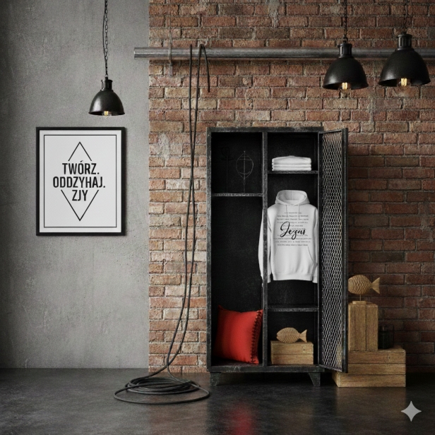 Aranżacja 2 – bluza religijna w minimalistycznym ujęciu, tekst polski.