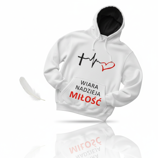 Zdjęcie główne – bluza religijna „Wiara Nadzieja Miłość”, pełny widok.