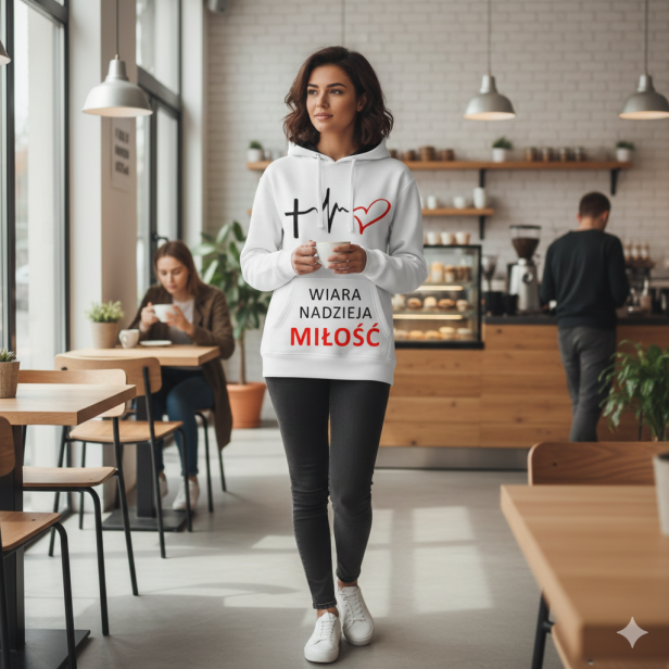 Na modelce – ujęcie lifestyle chrześcijańskiej bluzy w scenie plenerowej.