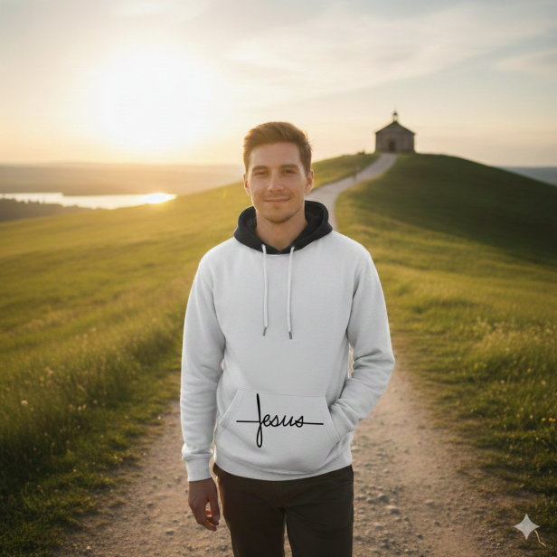 Na modelu – bluza „Jezus” w naturalnym otoczeniu.