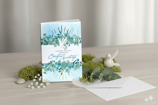 Aranżacja produktowa – niebieska pamiątka Chrztu z gołębicą