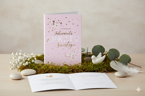 Aranżacja sakramentalna – Royal Pink książeczka w kompozycji chrzcielnej
