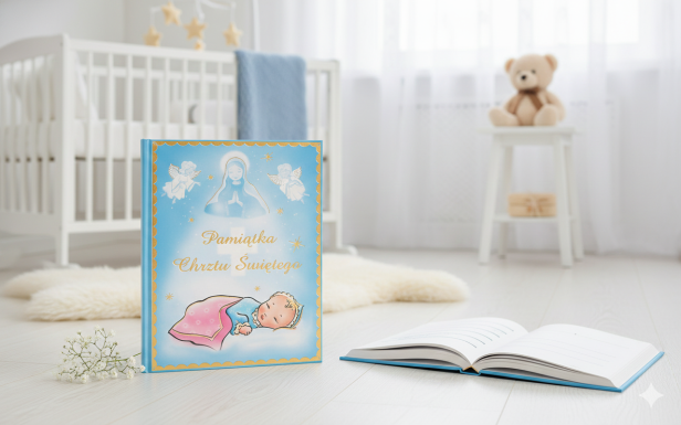 Aranżacja prezentowa – błękitny album pamiątkowy na Chrzest