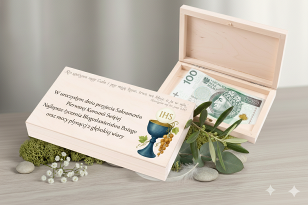 Aranżacja minimalistyczna – pudełko drewniane na pieniądze I Komunia