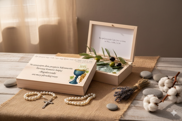 Aranżacja prezentowa – drewniane pudełko komunijne w zestawie upominkowym