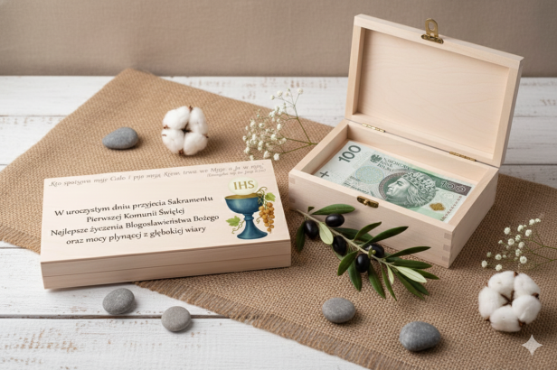 Aranżacja sakramentalna z drewnianym pudełkiem na banknoty na Komunię