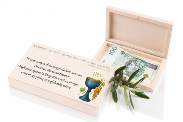 Drewniane pudełko na banknoty na I Komunię Świętą – elegancki prezent komunijn
