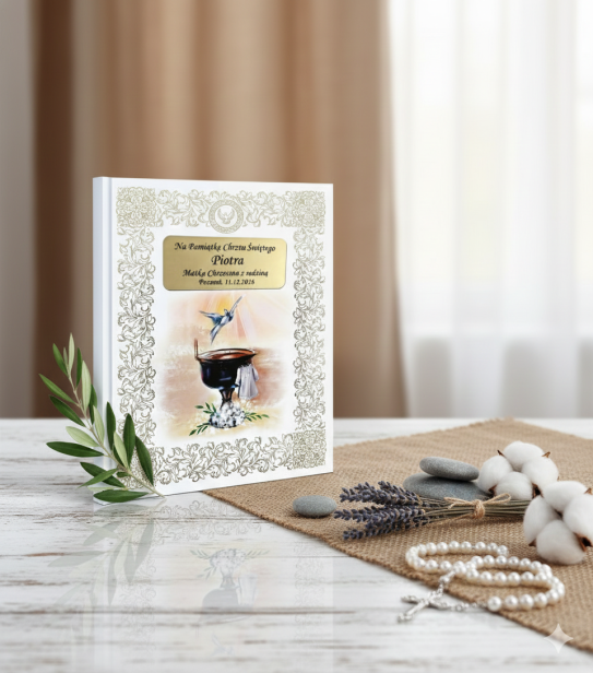 Aranżacja minimalistyczna – elegancki album chrzcielny z grawerowaną tabliczką