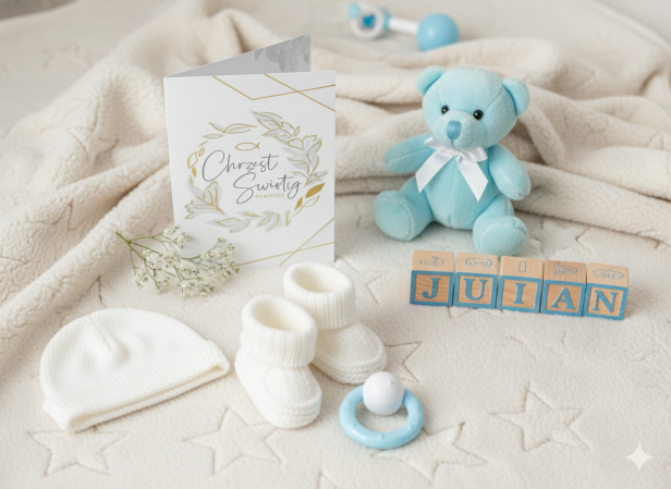 Aranżacja prezentowa – kartka chrzcielna „Złoty Wianek” przy upominku