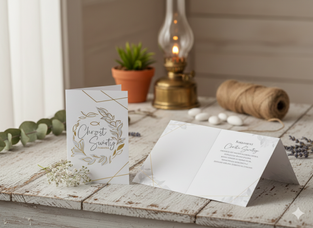 Aranżacja stołowa – kartka chrzcielna w zestawie z kopertą