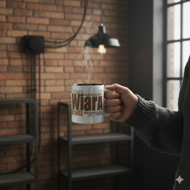 Kubek w użyciu – widok trzymany w dłoni.