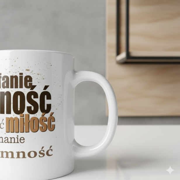 Zbliżenie ucha kubka – ceramika AAA+, białe szkliwo.