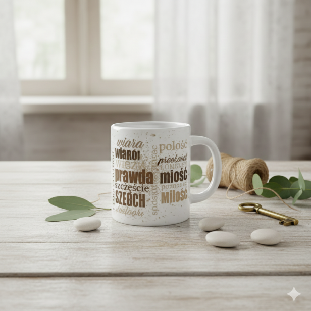 Kubek w naturalnym otoczeniu – stół, biurko lub wnętrze domowe.