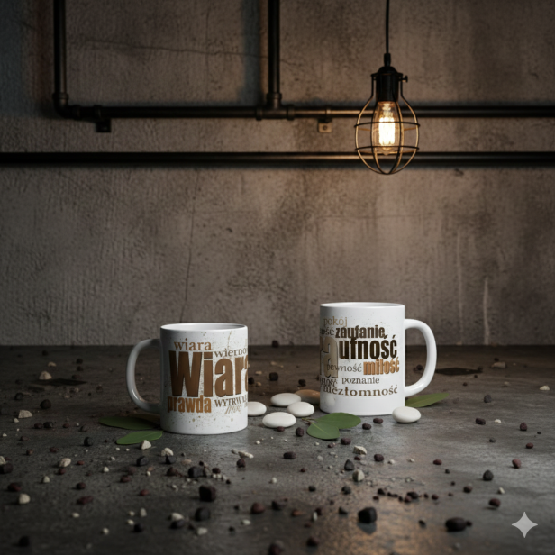 Aranżacja 1 – kubek z grafiką WIARA w industrialnej, eleganckiej kompozycji.