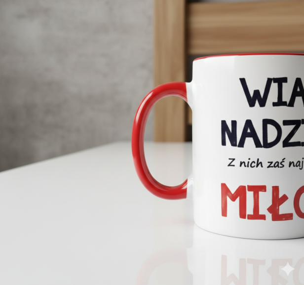 zbliżenie na ucho i nadruk - Kubek religijny „Wiara, Nadzieja, Miłość” – cytat z 1 Kor 13 | SacrumStyle