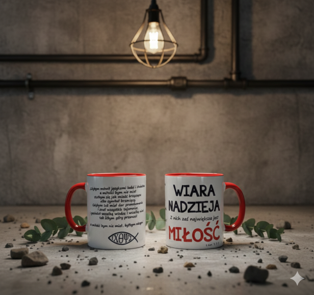 Kubek religijny „Wiara, Nadzieja, Miłość” – cytat z 1 Kor 13 | SacrumStyle w aranżacji