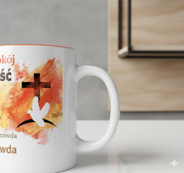 Zbliżenie ucha kubka i nadruku - Kubek religijny „Wiara, Nadzieja, Miłość” z Duchem Świętym