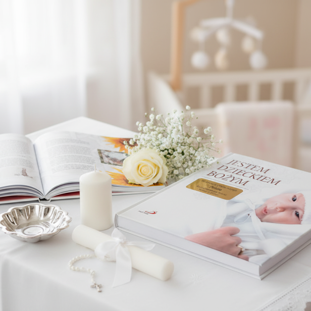 Aranżacja z elementami chrzcielnymi (świeca, szatka, Biblia).